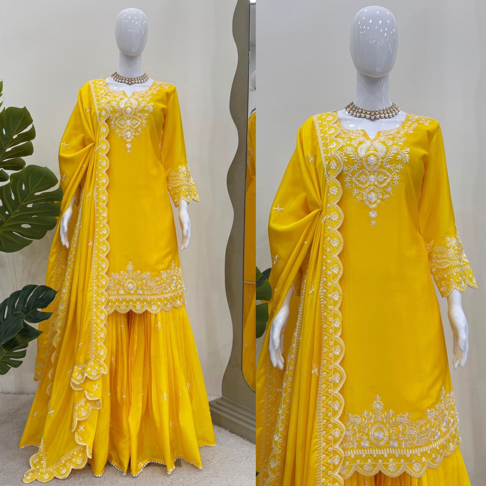 Elegant Yellow Embroidered Sharara Suit with Dupatta – Festive & Party Wear